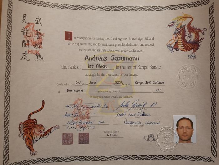 Black belt 1st degree · June 2, 2023 · Promoted by Prof. Sascha Berning