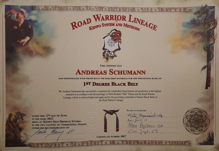 Black belt 1st degree · June 2, 2023 · Promoted by Prof. Sascha Berning
