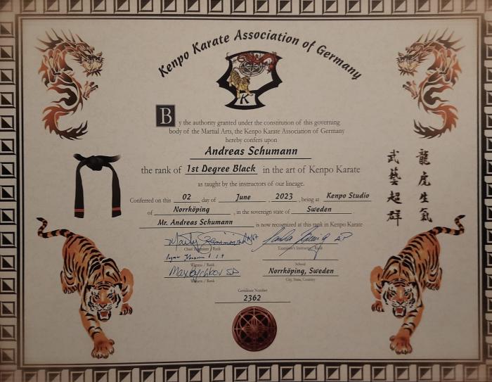Black belt 1st degree · June 2, 2023 · Promoted by Prof. Sascha Berning