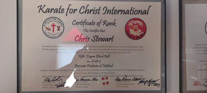 Black belt 5th degree · November 10, 2018 · Promoted by Karate for Christ International - Christian Kenpo Fellowship - Clark Cole and Prof. Kai Li