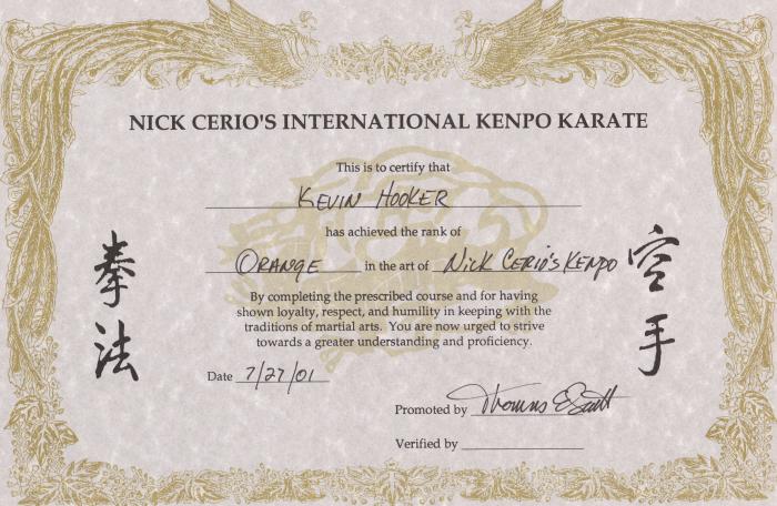 Orange belt · July 27, 2001 · Promoted by Sensei Tom Scott