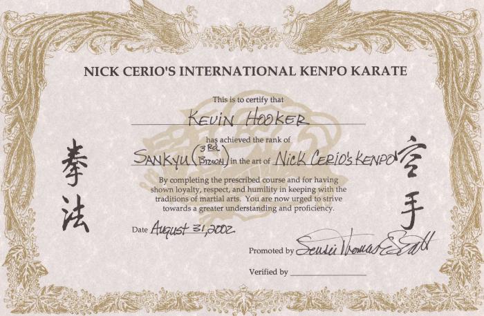 Brown belt 3rd degree · August 31, 2002 · Promoted by Sensei Tom Scott