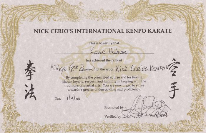 Brown belt 2nd degree · January 4, 2003 · Promoted by Sensei Tom Scott