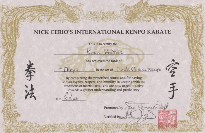 Brown belt 1st degree · August 3, 2003 · Promoted by Sensei Tom Scott