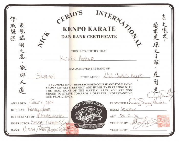Black belt 1st degree · June 4, 2004 · Promoted by Sensei Tom Scott