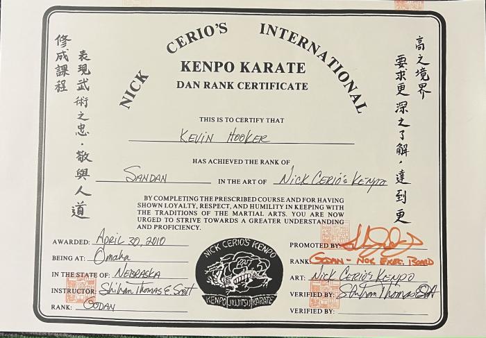 Black belt 3rd degree · April 30, 2010 · Promoted by Shihan Tom Scott